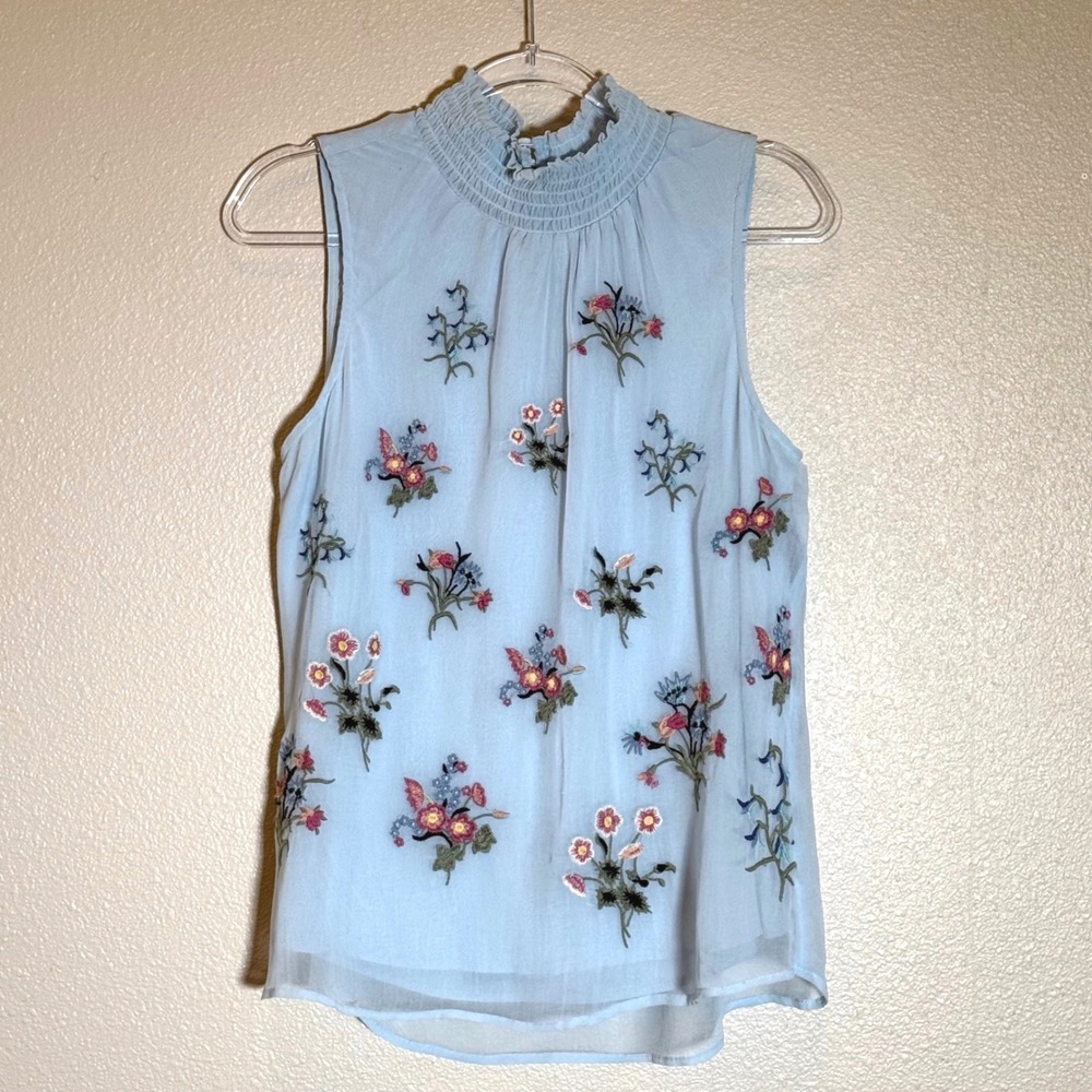 Sundance Smocked Mock Neck Embroidered Floral‎ Sleeveless Blouse Top Small P